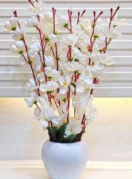 Real PBR Artificial Flowers for Decoration with Pot, Home Decor, Office Decor, White Cherry Blossom Artificial Flower  with Pot??(50 cm, Pack of 1, Flower with Basket)