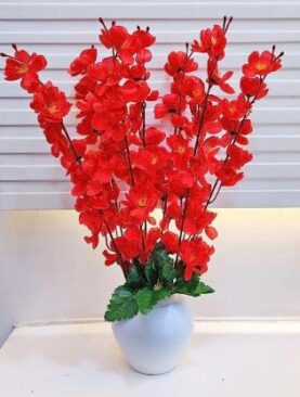 Real PBR Artificial Flowers for Decoration with Pot, Home Decor, Office Decor, Red Cherry Blossom Artificial Flower  with Pot??(50 cm, Pack of 1, Flower with Basket)