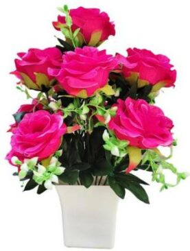 Real PBR Maroon Rose Artificial Flower  with Pot??(28 cm, Pack of 1, Flower Bunch)