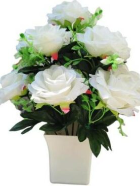 Real PBR White Rose Artificial Flower  with Pot??(28 cm, Pack of 1, Flower Bunch)