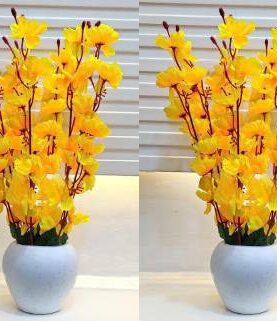 Real PBR Artificial Flowers for Decoration with Pot, Home Decor, Office Decor, Combo, Yellow Cherry Blossom Artificial Flower  with Pot??(52 cm, Pack of 2, Flower with Basket)