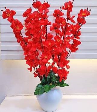Real PBR Artificial Flowers for Decoration with Pot, Home Decor, Office Decor, Red Cherry Blossom Artificial Flower  with Pot??(50 cm, Pack of 1, Flower with Basket)