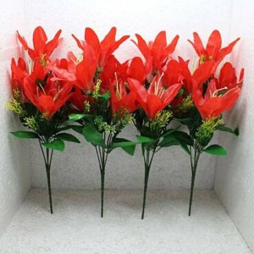 Real PBR Real PBR Artifical Flower Bunchers Pack of 4 ( Lily Red ) Red Wild Flower Artificial Flower  with Pot??(6 inch, Pack of 1, Flower Bunch)