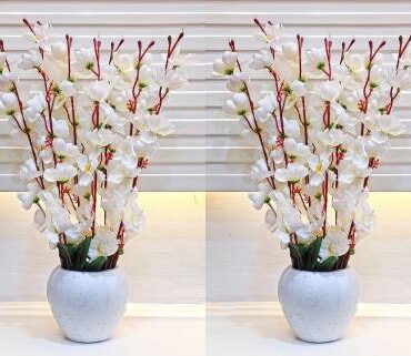 Real PBR Artificial Flowers for Decoration with Pot, Home Decor, Office Decor, Combo, White Cherry Blossom Artificial Flower  with Pot??(52 cm, Pack of 2, Flower with Basket)