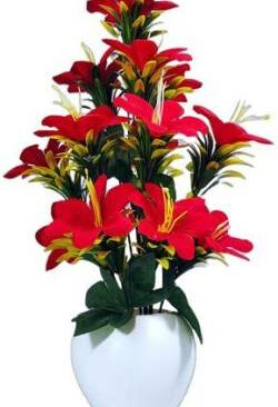 Real PBR Home Decor & Office Decoration Artificial Flowers Pot with vase,for Decoration Red Lily Artificial Flower  with Pot??(10 cm, Pack of 1, Flower Bunch)