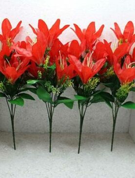 Real PBR Real PBR Artifical Flower Bunchers Pack of 4 ( Lily Red ) Red Wild Flower Artificial Flower  with Pot??(6 inch, Pack of 1, Flower Bunch)
