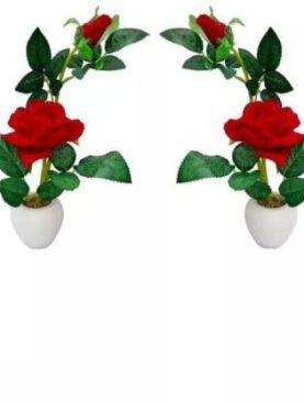 Real PBR Red Rose Artificial Flower  with Pot??(3 inch, Pack of 2, Flower with Basket)
